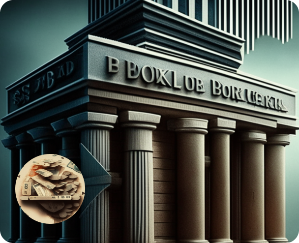 A building with columns and currency in front of it.